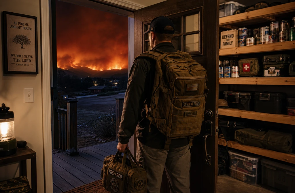 Wide-angle landscape shot () of a prepper standing at an open front door holding a fully packed go-bag, viewed from behind,