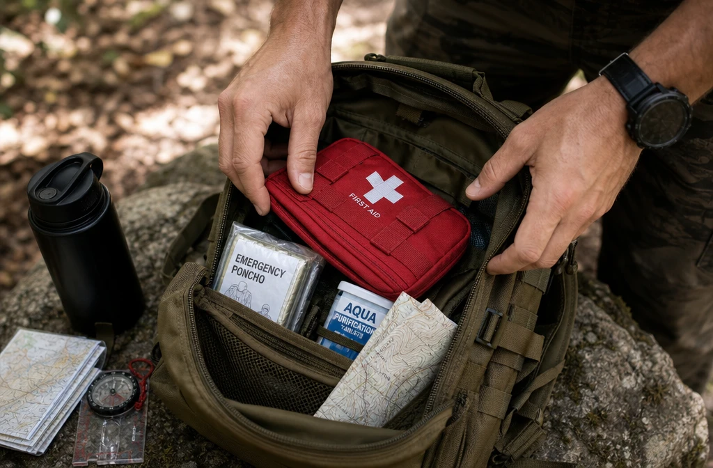 () close-up action shot of hands packing a lightweight tactical backpack on a trail, visible items include a compact first