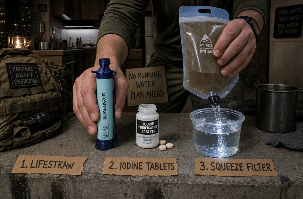 () close-up instructional scene showing a prepper's hands using three different portable water purification tools on a