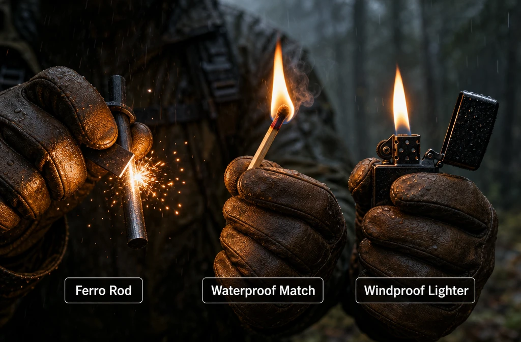 () close-up instructional scene showing a survivalist's gloved hands holding three different fire-starting tools side by