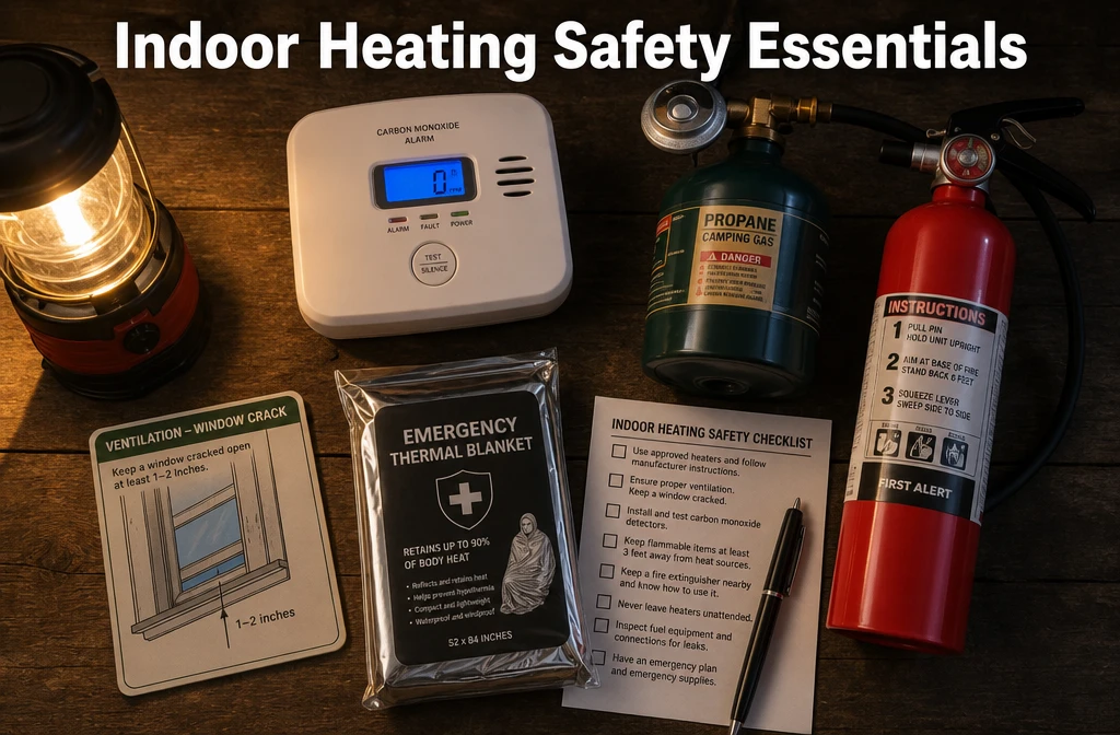 () close-up overhead shot of a prepper's emergency heating safety kit laid out on a dark wooden surface: a carbon monoxide