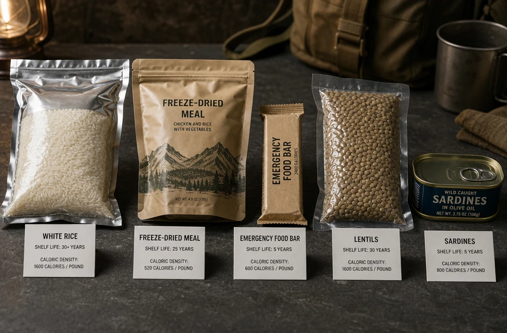 () close-up product comparison flat-lay photograph on a dark slate surface showing five space-efficient emergency food