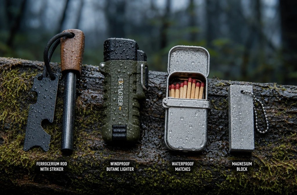 () comparison flat-lay photo showing four waterproof fire-starting tools side by side on a wet mossy log: a ferrocerium rod
