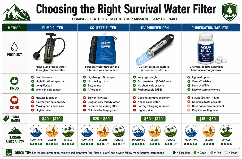 () comparison table visual showing four portable water filtration methods side by side: pump filter, squeeze filter, UV