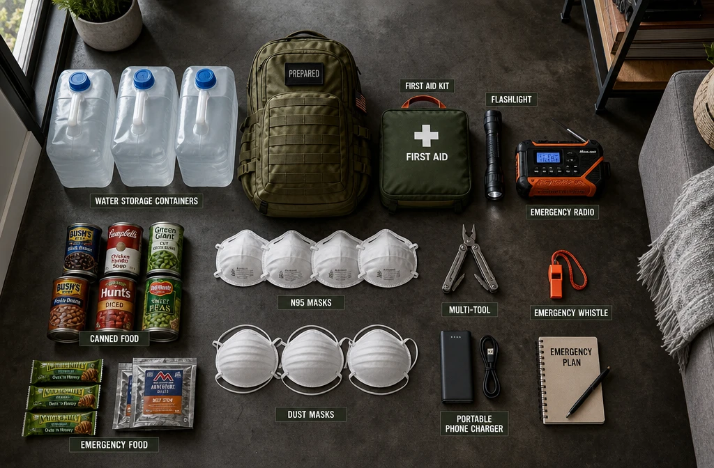 How to Survive in a City During a Natural Disaster-urban emergency supply kit laid out on apartment floor: water storage containers, first aid