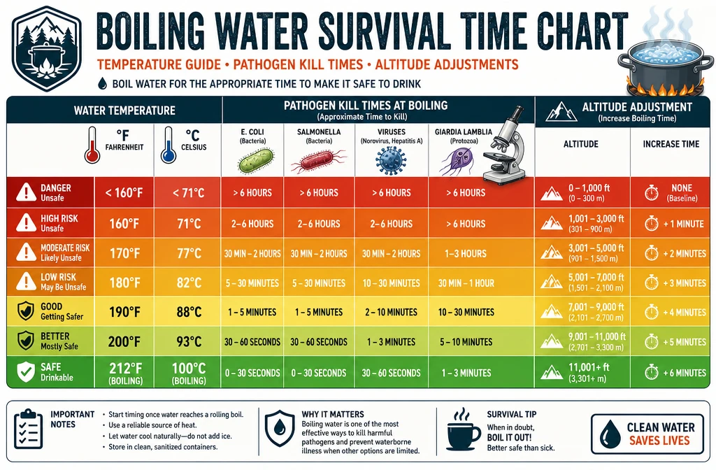 () detailed infographic-style illustration showing a boiling water survival time-chart as a data table with temperature