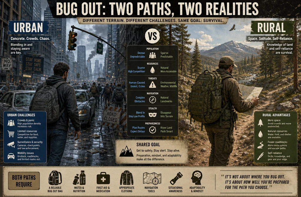 () detailed infographic-style illustration showing a side-by-side comparison of two bug out scenarios: on the left, an urban