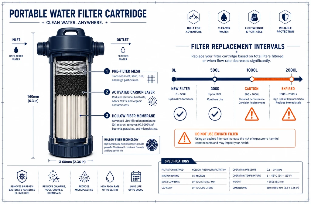 () detailed infographic-style image showing a cross-section diagram of a portable water filter cartridge with labeled