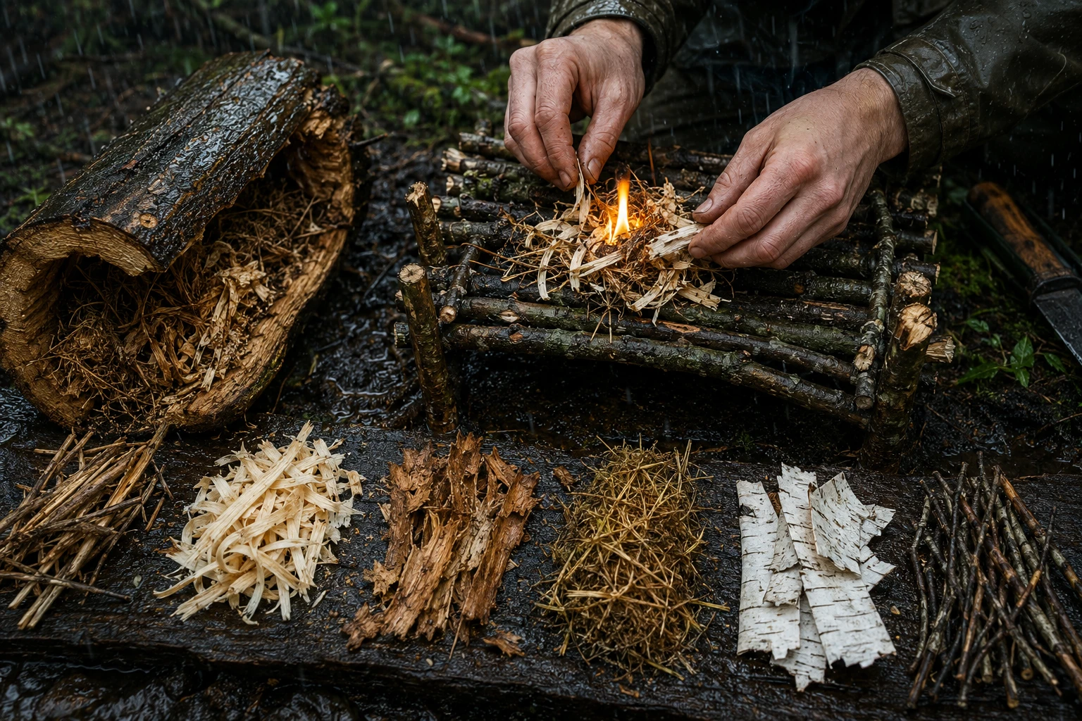 () detailed instructional illustration showing a survivalist's hands carefully building a fire lay on a raised platform of