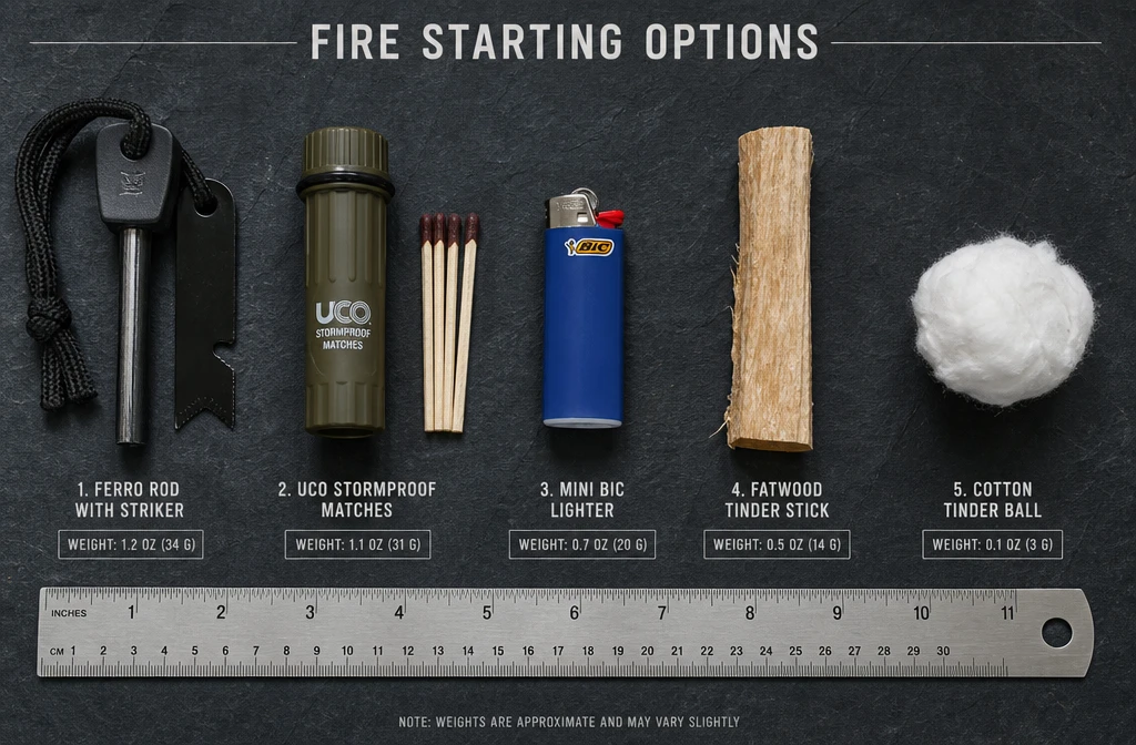 () detailed product comparison flat lay showing five minimalist fire starting tools side by side: ferro rod with striker,