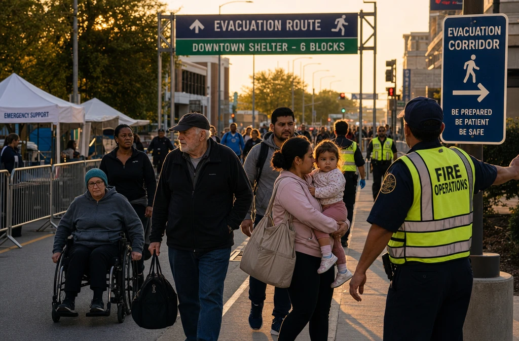 () documentary-style photograph showing a diverse group of city residents — including a person in a wheelchair, an elderly