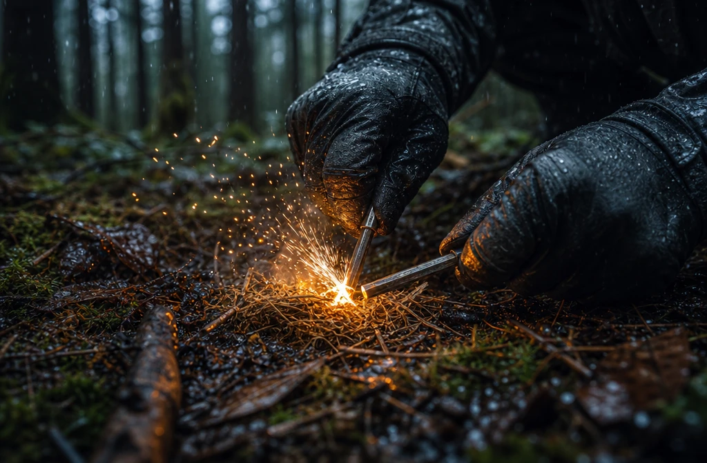 () dramatic close-up action shot of gloved hands striking a ferro rod over a small tinder nest in wet forest undergrowth,