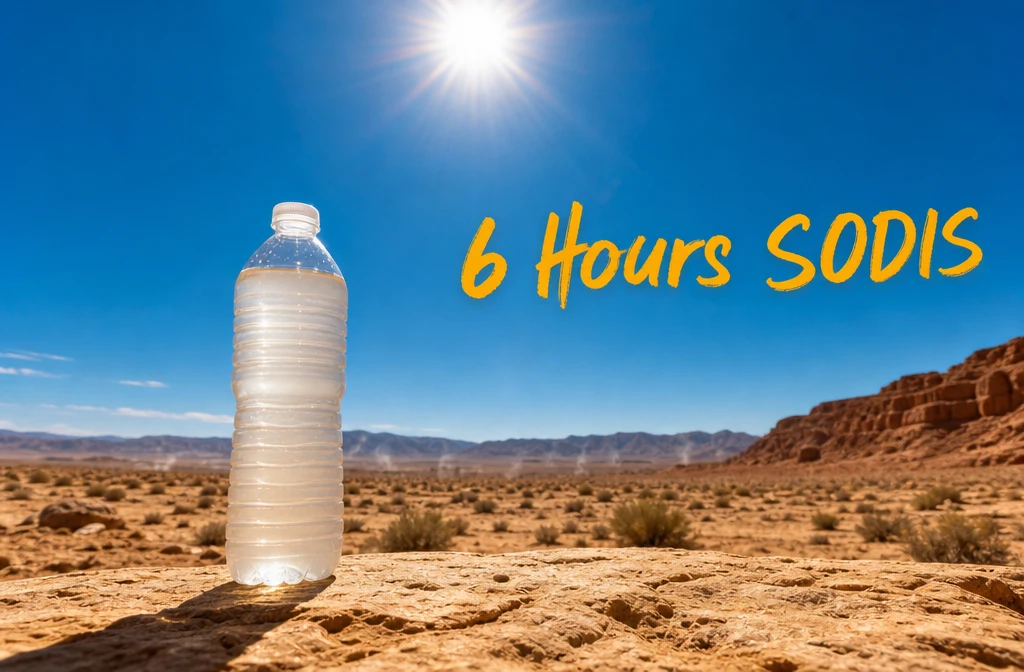 () dramatic outdoor scene showing a clear plastic water bottle filled with cloudy water positioned upright on a flat