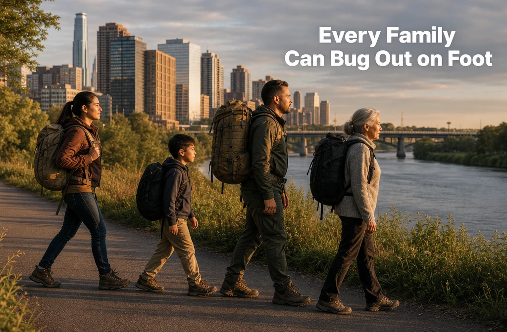 () editorial documentary-style photo showing a diverse family group — two adults, one child, and an older adult — walking