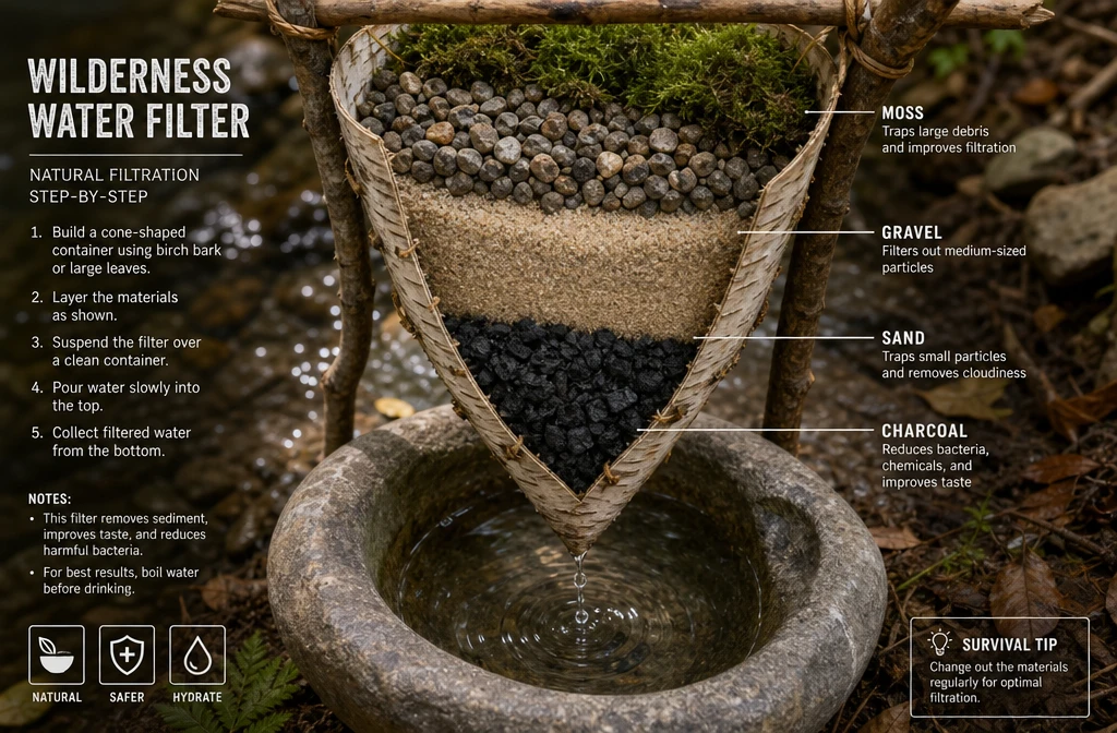 () editorial illustration showing a close-up overhead view of a makeshift wilderness water filter constructed from layered