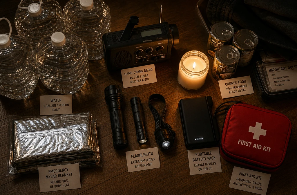 () editorial illustration showing a close-up overhead view of an apartment emergency supply kit laid out on a wooden floor: