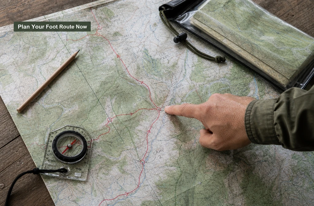 () editorial illustration showing a detailed topographic paper map spread on a wooden surface with a compass, pencil-marked