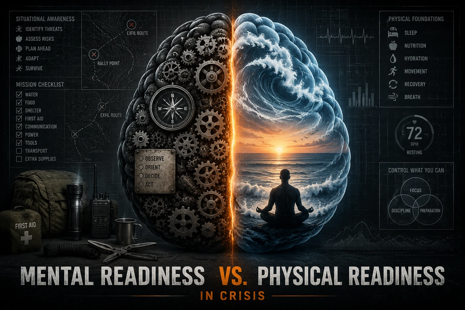 () editorial illustration showing a split-brain concept: left hemisphere filled with gears, tactical maps, and survival