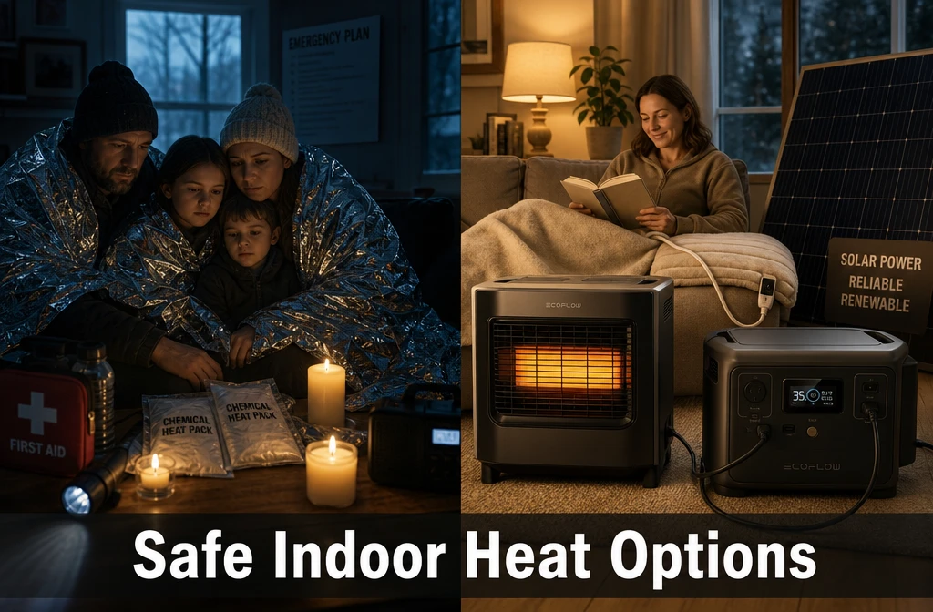 () editorial illustration showing a split-scene comparison: left side depicts a family huddled under emergency Mylar