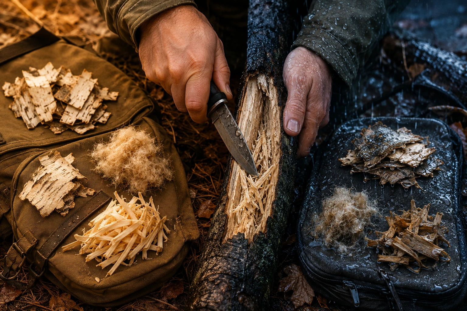 () editorial illustration showing a split-scene comparison: left side displays dry tinder materials including birch bark,