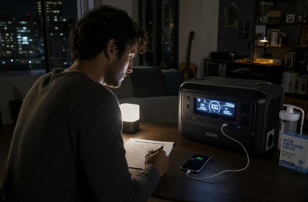 () editorial-style image showing a person at a desk in a dark apartment using a large portable power station with glowing