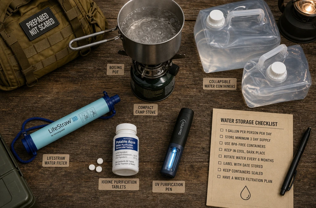 () emergency preparedness flat-lay photograph showing water purification tools arranged on a weathered wooden surface:
