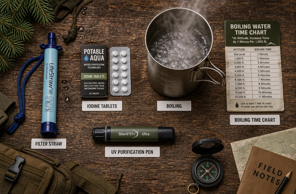() flat-lay overhead shot of multiple water purification methods arranged on a rugged wooden surface: a portable water