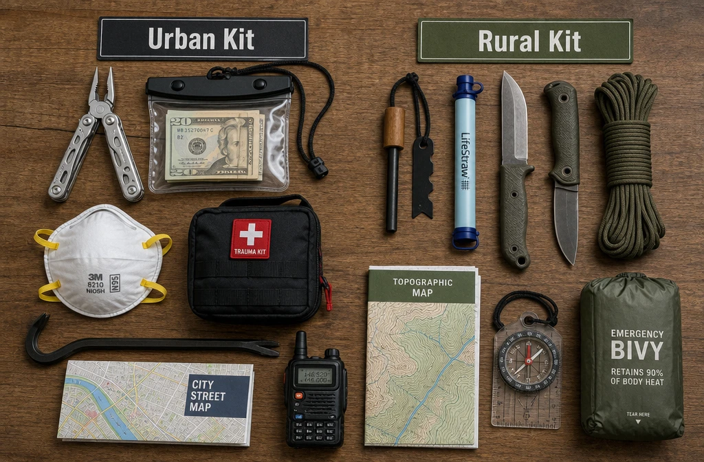 () flat-lay product photography showing two distinct bug out bag loadouts spread across a wooden table, clearly separated