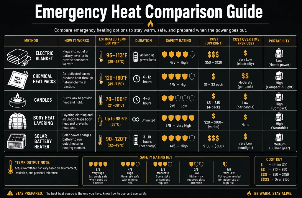 () infographic-style editorial image showing a comparison table of emergency heating methods — electric blanket, chemical