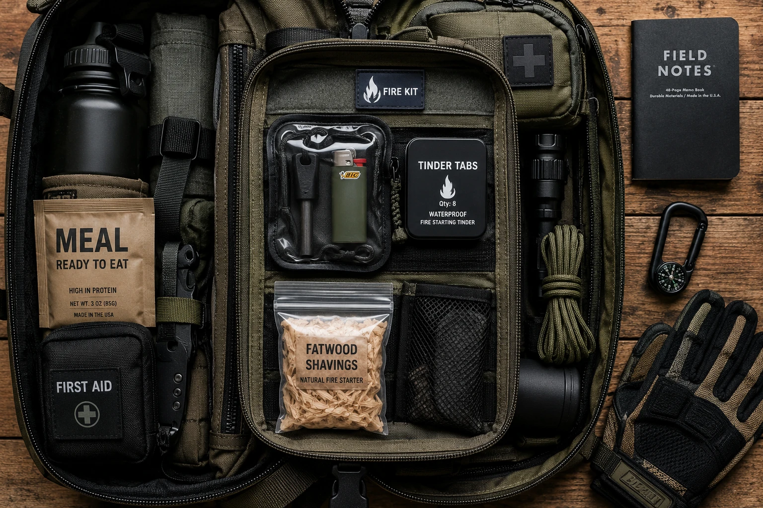 () overhead flat lay of an open bug-out bag with a clearly organized minimalist fire kit compartment visible — small