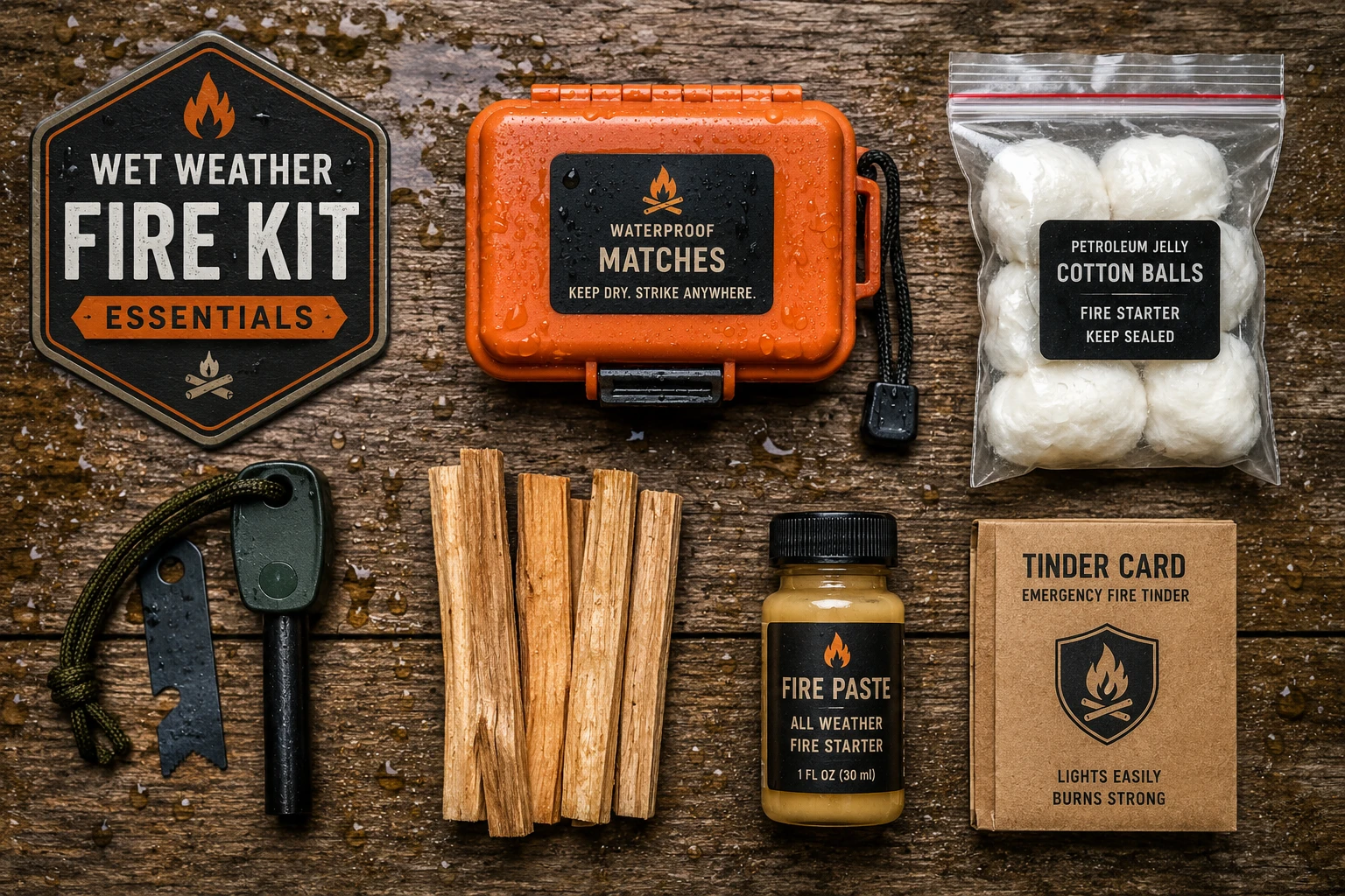 () overhead flat-lay survival kit photograph on a weathered wooden surface showing a complete wet-weather fire starting kit: