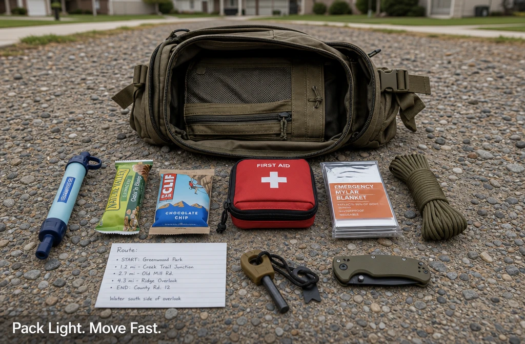 () realistic editorial photo showing a compact bug-out bag open on the ground with organized gear laid out flat-lay style: