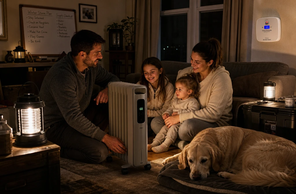 () scene showing a family of four — two adults, one child, one toddler — gathered safely around a modern electric oil-filled