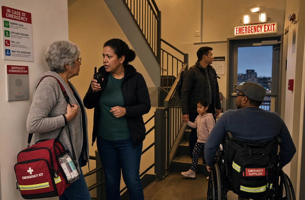 () scene showing diverse group of urban residents in emergency scenario: elderly woman with go-bag talking to neighbor,