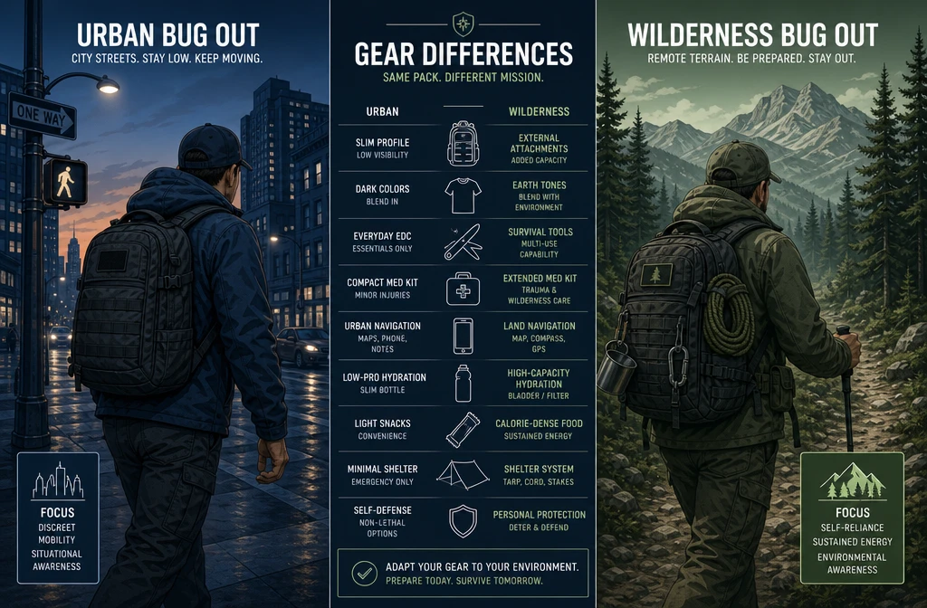 () split-composition infographic illustration: left side shows urban bug out scenario — person with compact backpack moving