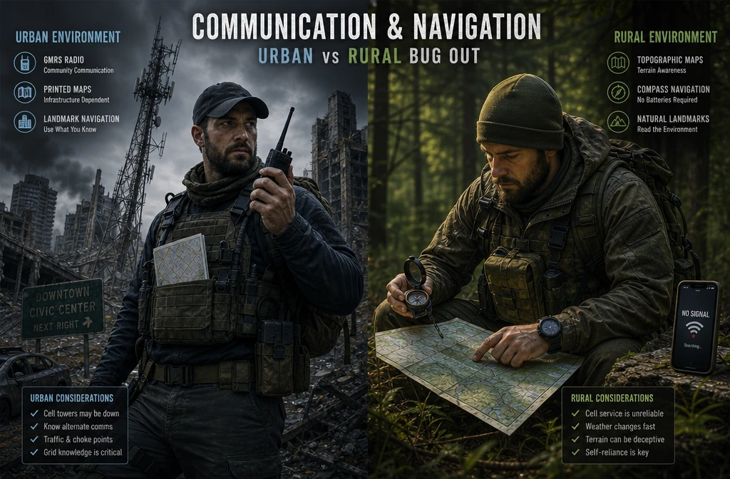 () split conceptual illustration showing communication and navigation differences between urban and rural bug out