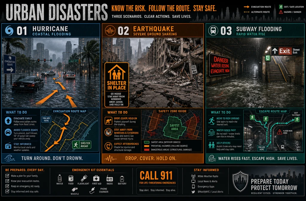 () split-panel comparison infographic showing three urban disaster scenarios side by side: left panel shows flooded city