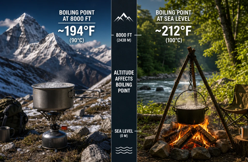 () split-scene comparison image showing on the left side a mountain campsite at high altitude with a small backpacking stove