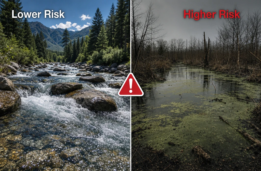 () split-scene comparison image showing two distinct water sources side by side: LEFT PANEL shows a fast-moving, clear
