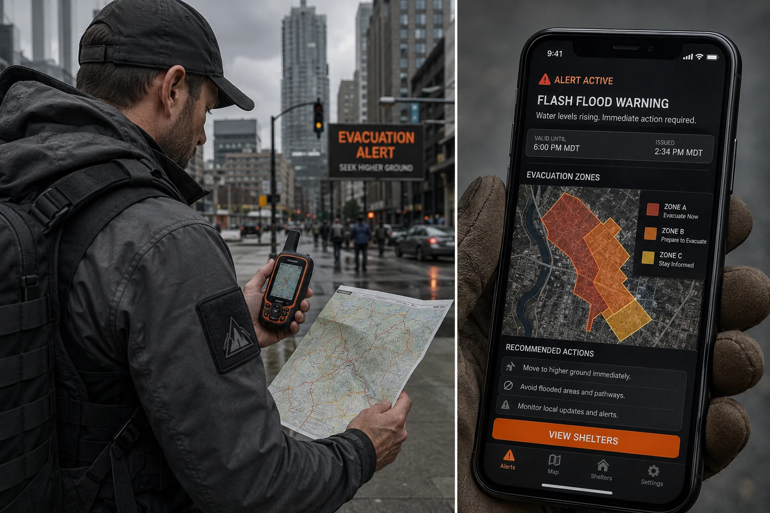 () split-scene image: left side shows a person in tactical gear using a handheld GPS device and paper topographic map