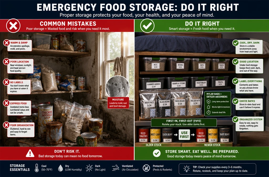 () split-scene infographic image showing common emergency food storage mistakes on the left side versus correct methods on