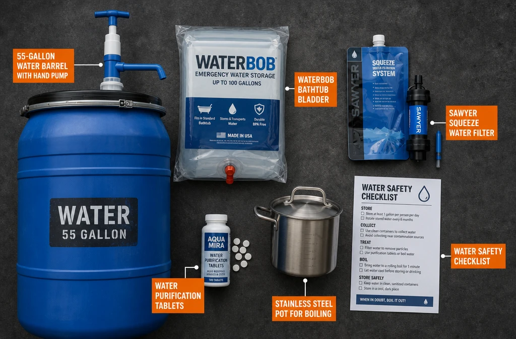 () top-down flat-lay editorial photo of urban water survival essentials arranged on a dark concrete surface: a 55-gallon