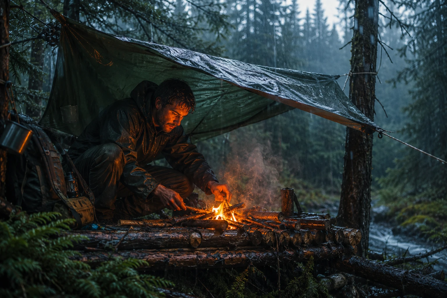 () wide-angle scene showing a wilderness survivor crouched under a green emergency tarp strung between two trees in heavy