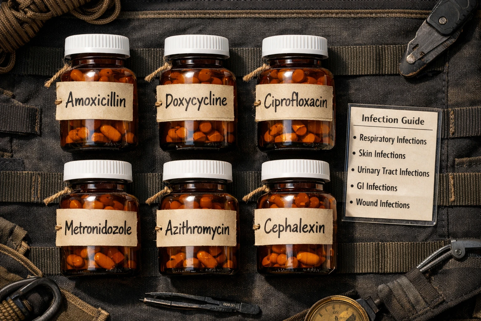 Flat-lay overhead photograph () of six labeled amber pharmacy bottles arranged in a grid on a dark tactical canvas, each