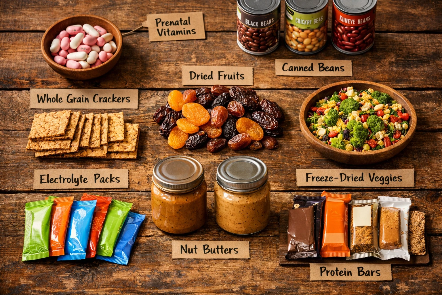 () detailed flat-lay overhead shot of pregnancy-safe emergency food stockpile on a rustic wooden table: prenatal vitamins,