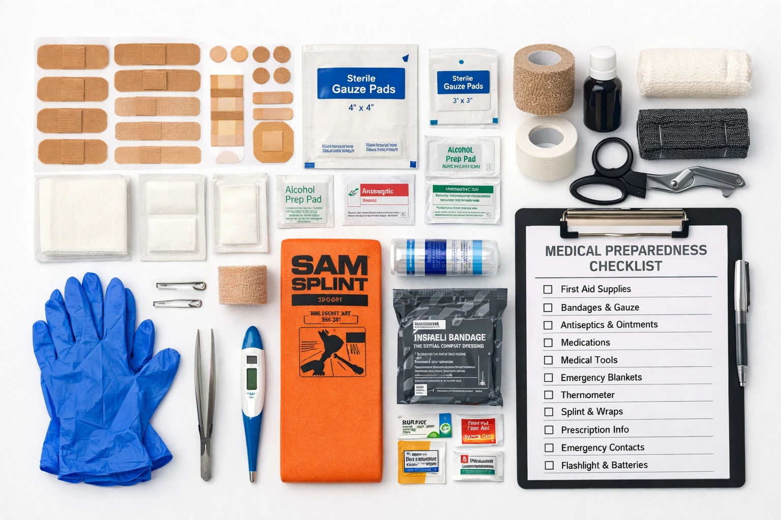 () detailed flat-lay photograph of a comprehensive home medical emergency kit spread across a clean white surface —
