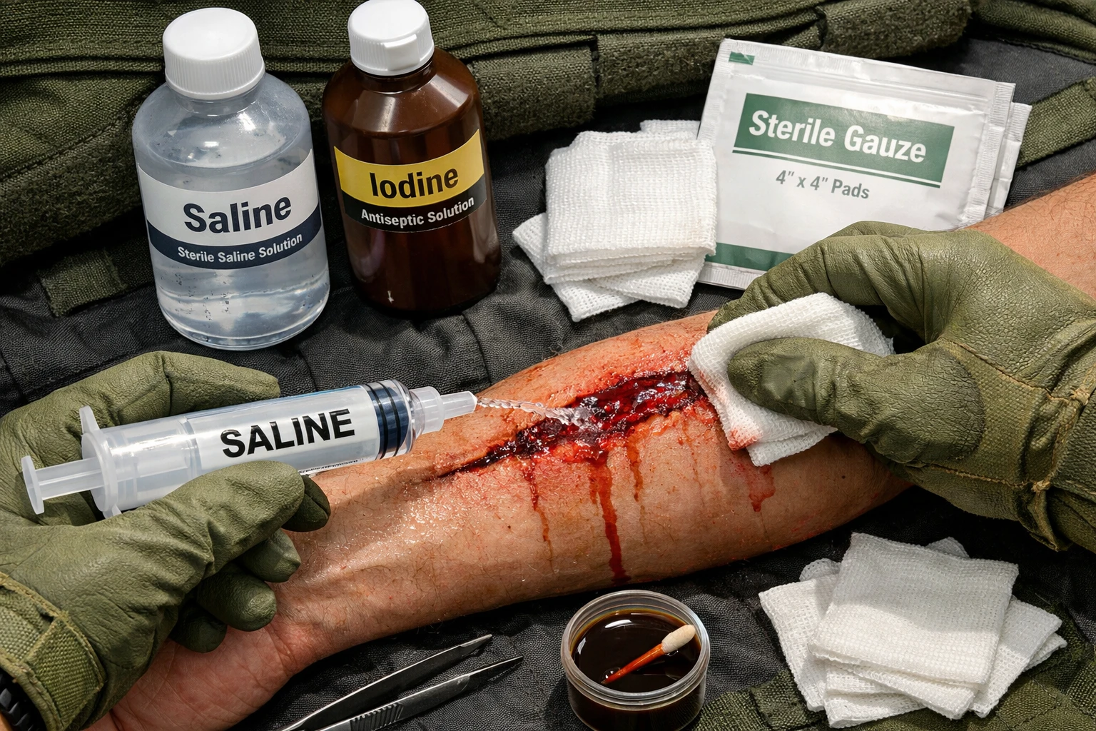 () editorial illustration showing a close-up overhead view of two gloved hands cleaning a deep laceration wound on a forearm