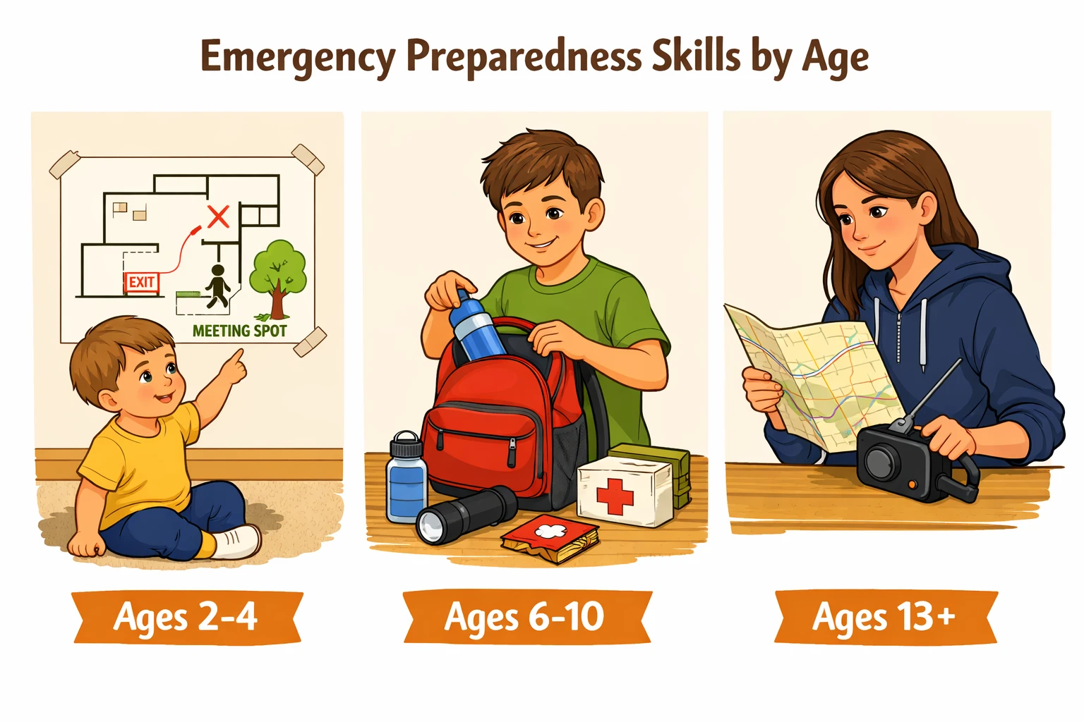 () editorial illustration showing a developmental age chart for children learning emergency preparedness skills, left side