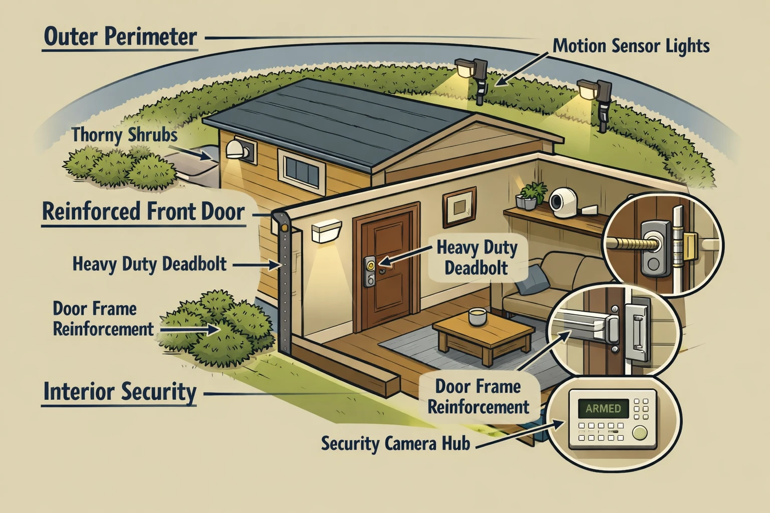 () editorial illustration showing a layered home security diagram from aerial perspective: outer perimeter with