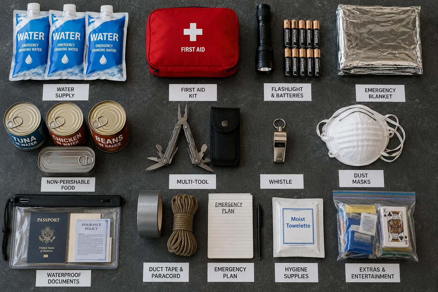 Bright editorial flat-lay photograph () shot from directly overhead, showing all essential 72-hour emergency kit contents